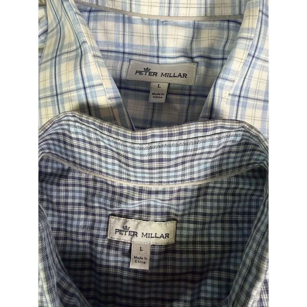 Peter Millar Mens Large Blue Plaid Long Sleeve Button Shirt Business Lot Of 2